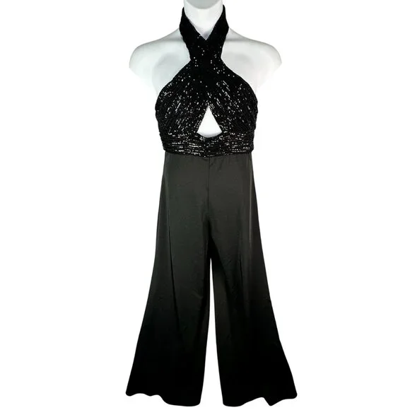 Mac Duggal Sequin Bodice Halter Wide Leg Formal Jumpsuit Open Back Size 6 NWT